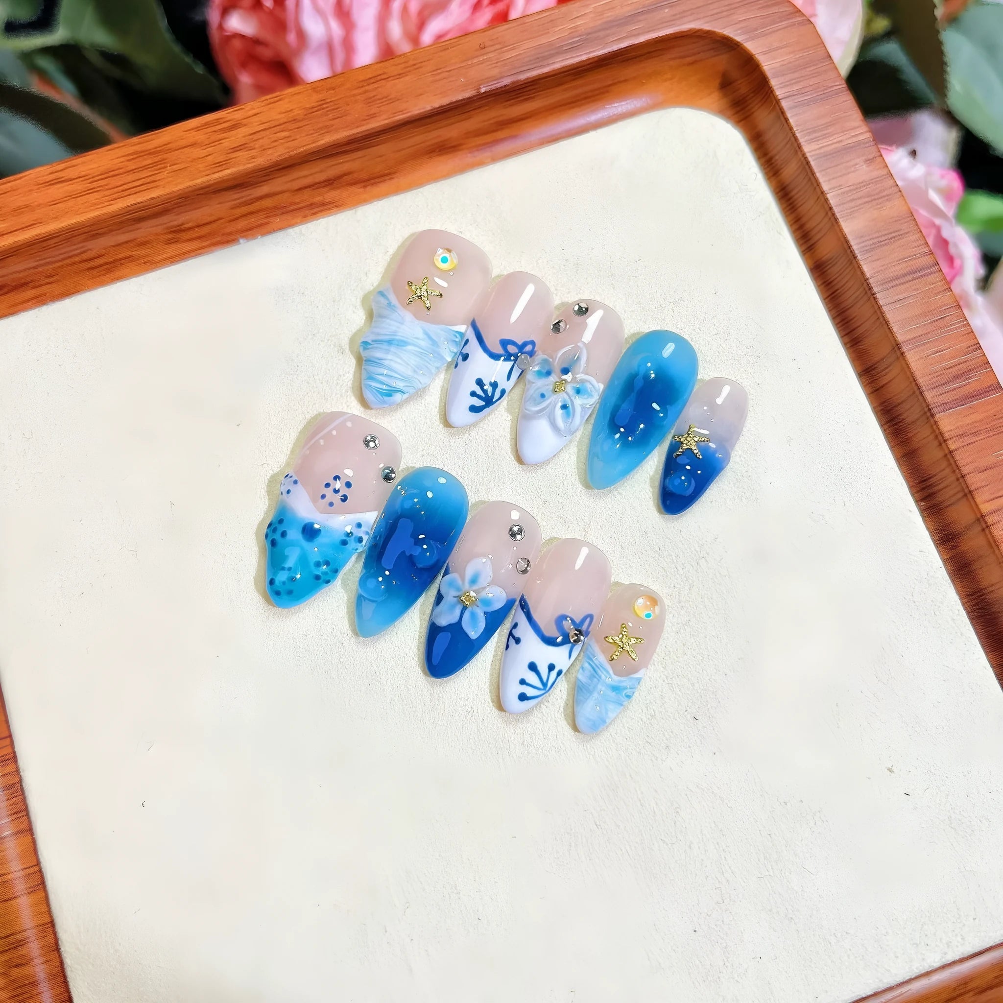 Blue hand-painted carved summer ice transparent false nails with wearable armour set in sizes XS to L