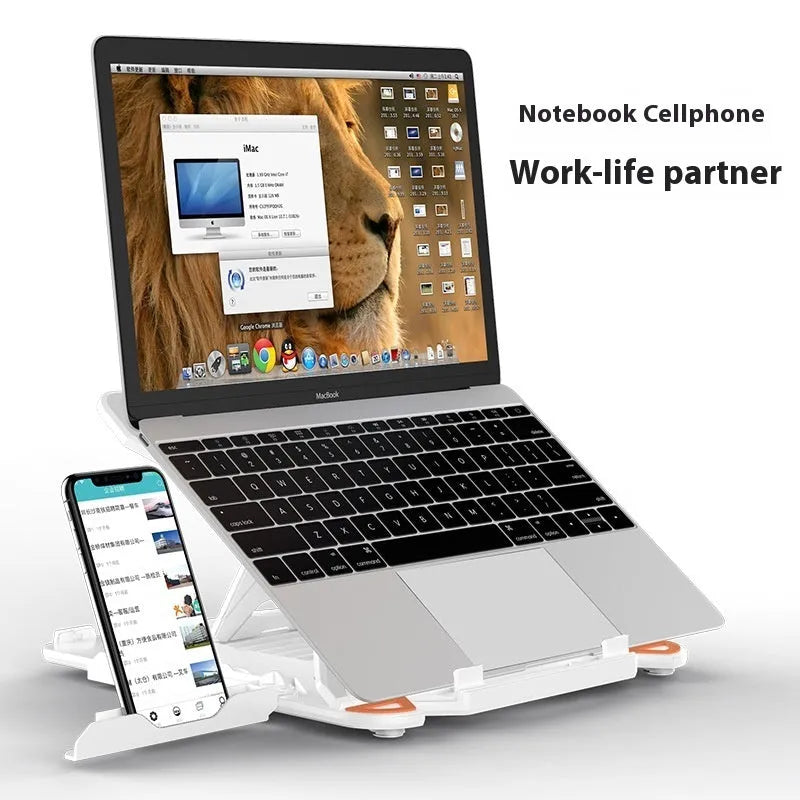 Black ABS plastic laptop bracket with phone holder measuring 300x200mm