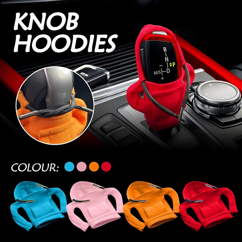 Blue cloth gear shift knob hoodie cover on a car gear lever