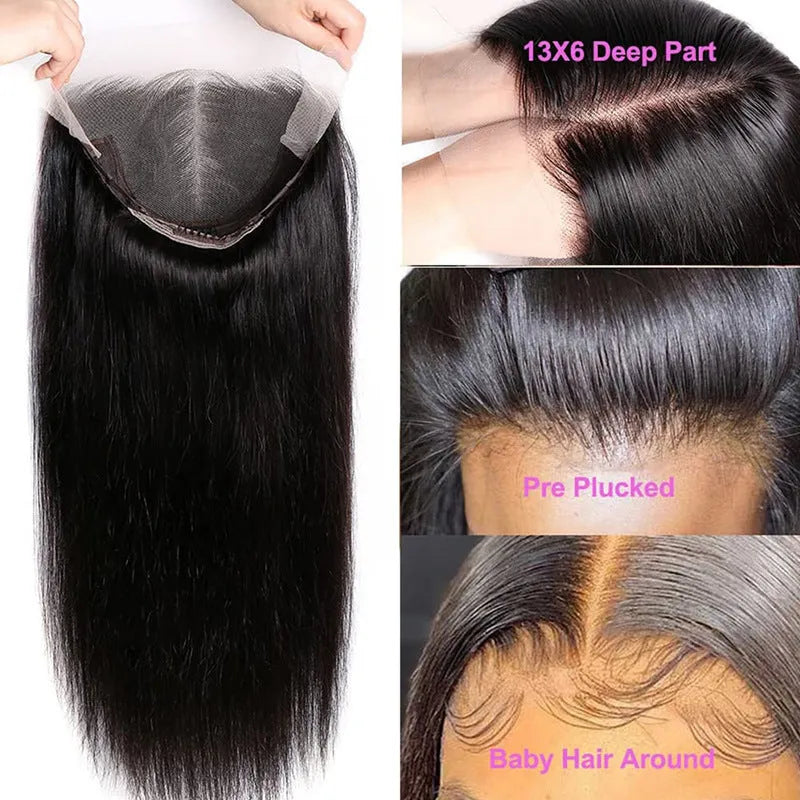 Black straight human hair lace front wig with 13x6 frontal on a mannequin head.
