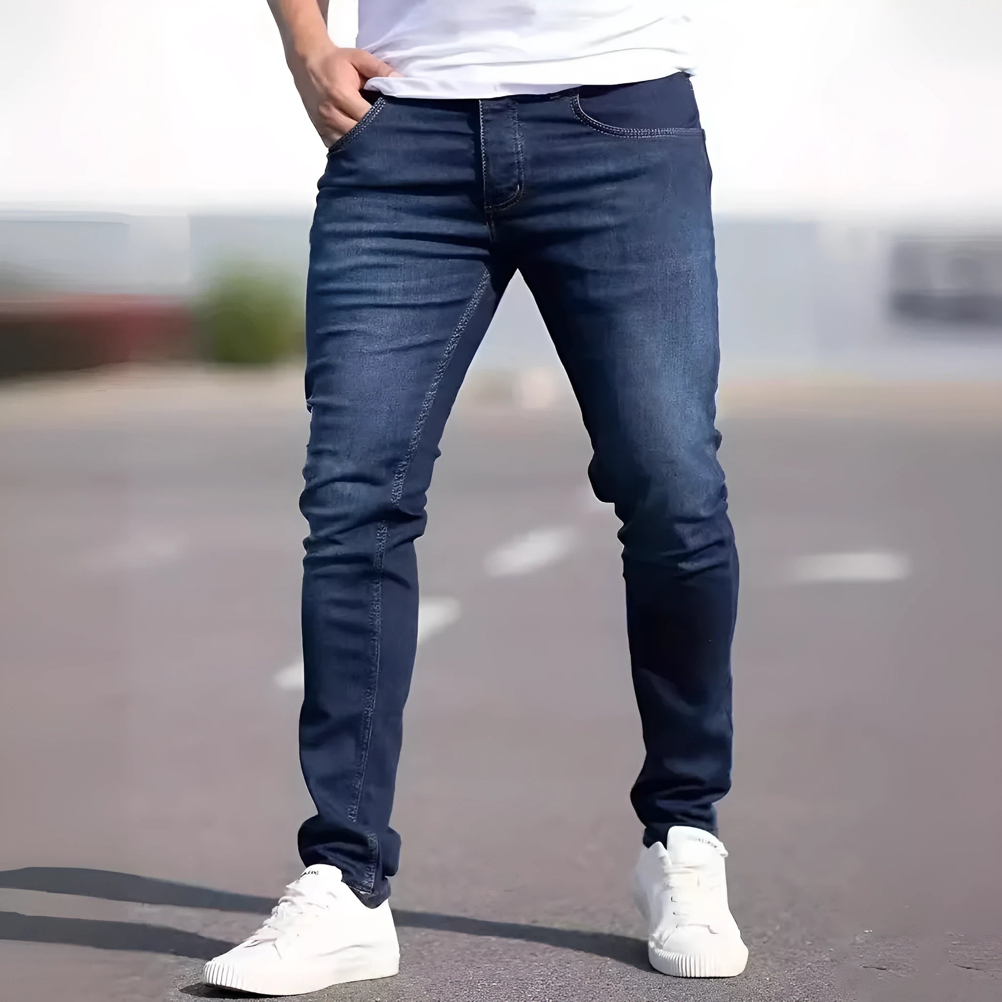 Men's dark blue slim fit casual jeans with skinny leg opening and mid waist