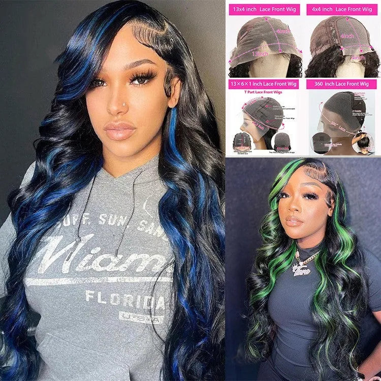 A woman wearing a long real human hair wig with a visible 4x4 lace front hairline.