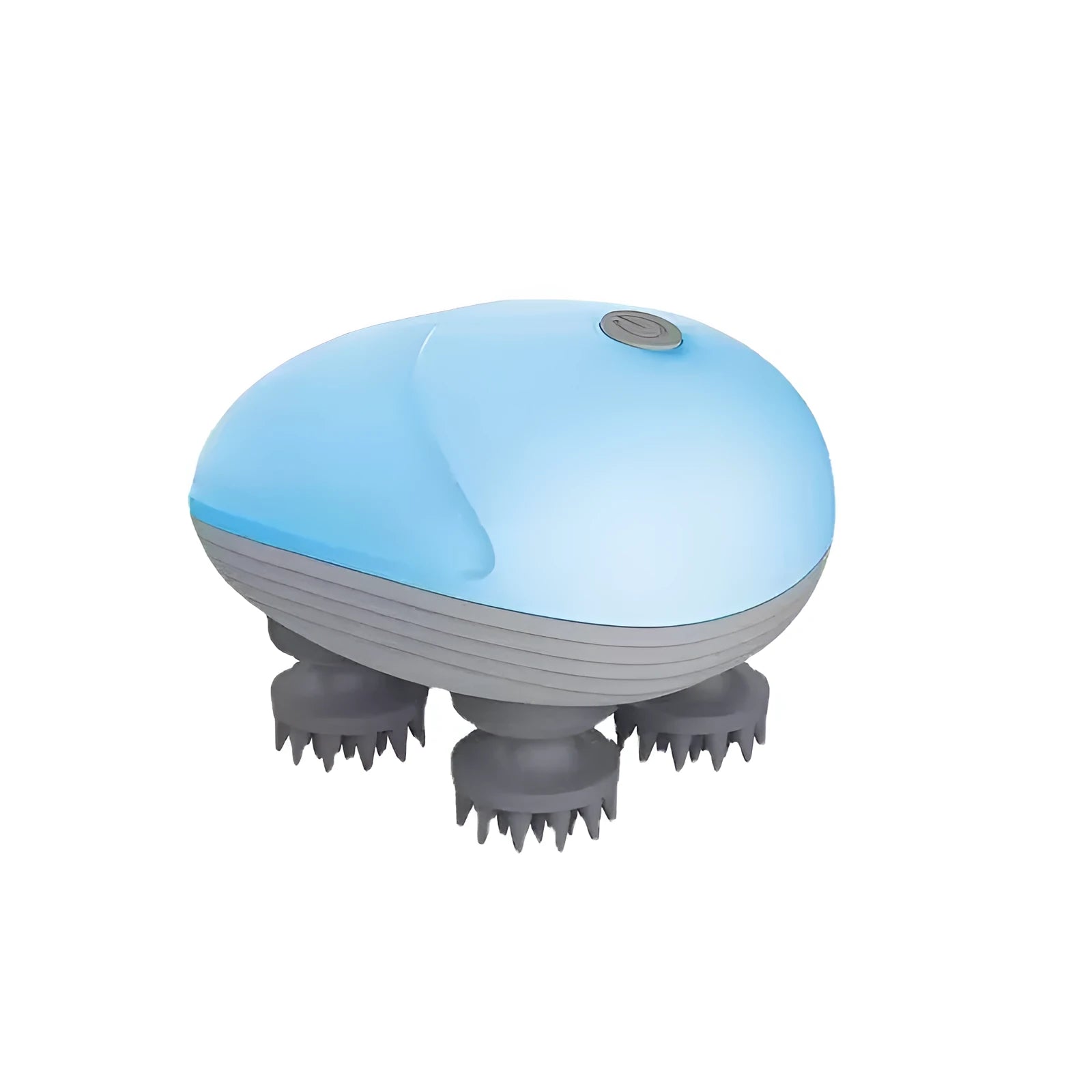 Blue handheld electric pet massager with four rotating silicone heads on a white background.