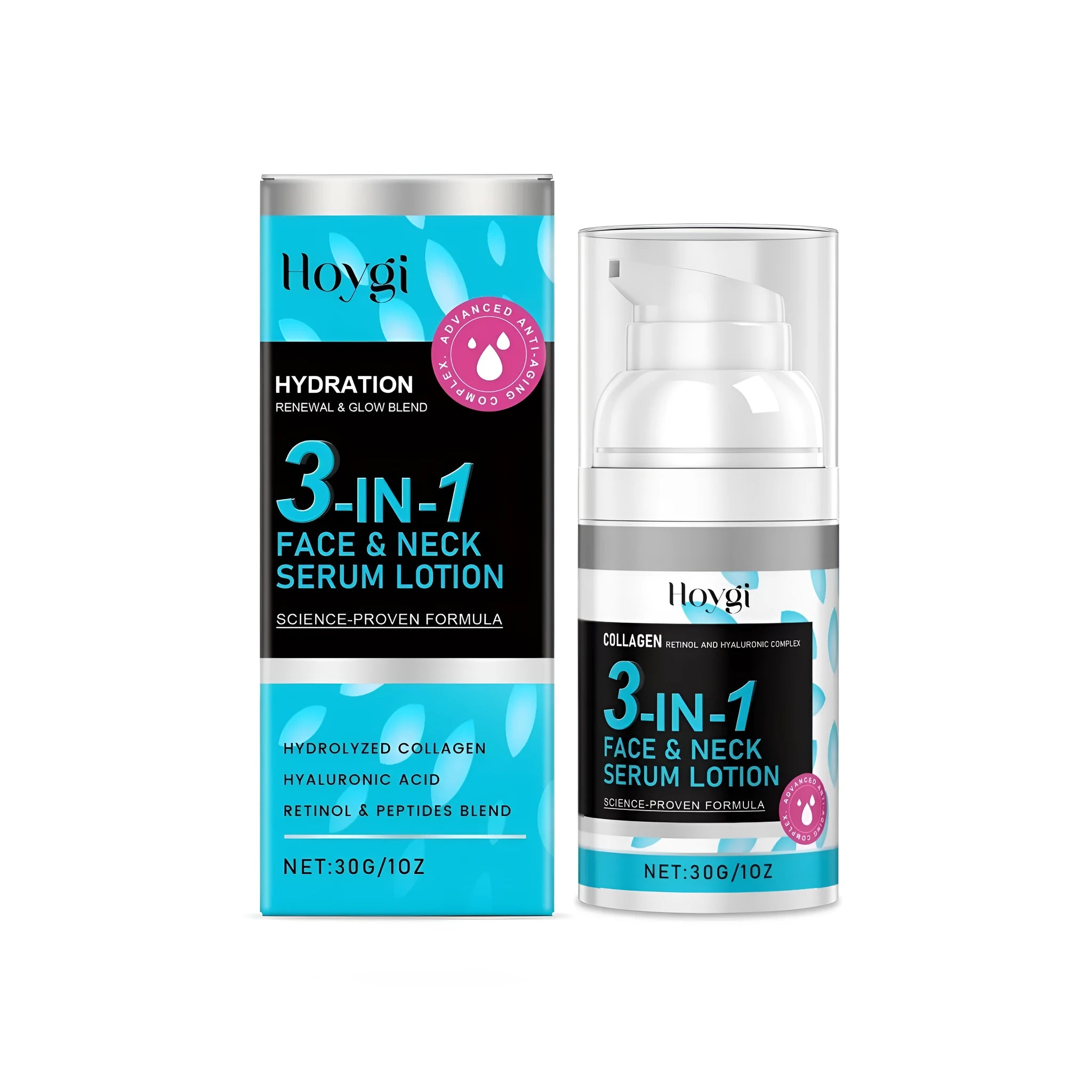 30g bottle of 3-in-1 face and neck serum lotion with collagen, retinol and hyaluronic acid