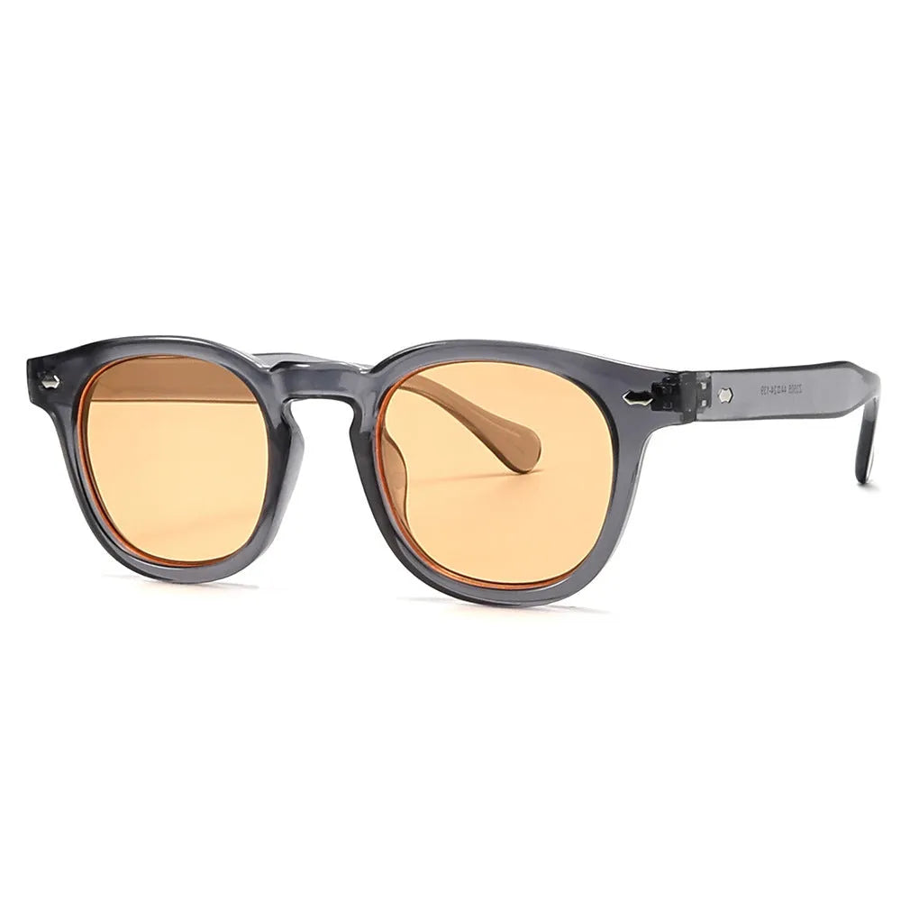 Round rim plastic sunglasses in bright black frame with black and grey lenses