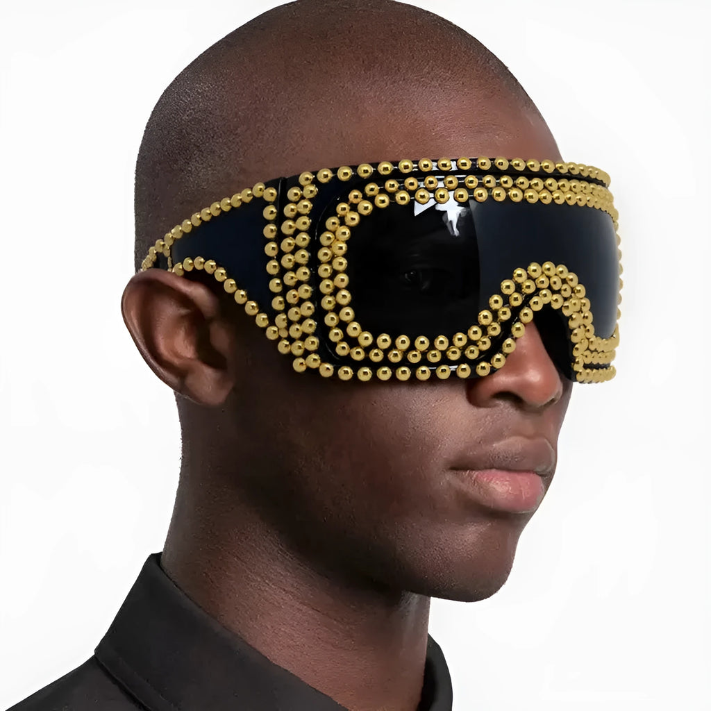 Men's punk sunglasses with large square frames and rivet detailing in silver or gold