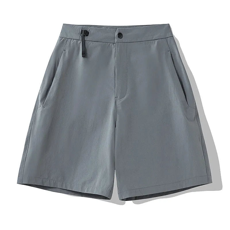 Men's quick-drying nylon spandex sports shorts in khaki colour with elastic waist and 3D cut design.