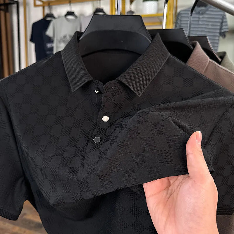 Man wearing a black rhombus weave thin ice silk short sleeve T-shirt with a slit detail.