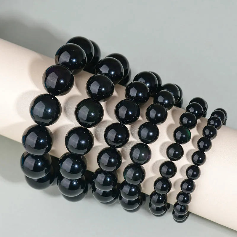 Hand-woven obsidian couple bracelet set with crystal beads in ethnic style design