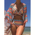 Blue cross bandage bikini swimsuit three-piece set with high waist veils and split design
