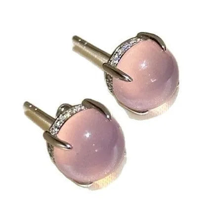 Round geometric chalcedony earrings with four-claw settings in three colour variations