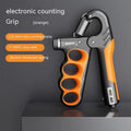 Adjustable electronic count spring grip hand exerciser with a digital counter display.