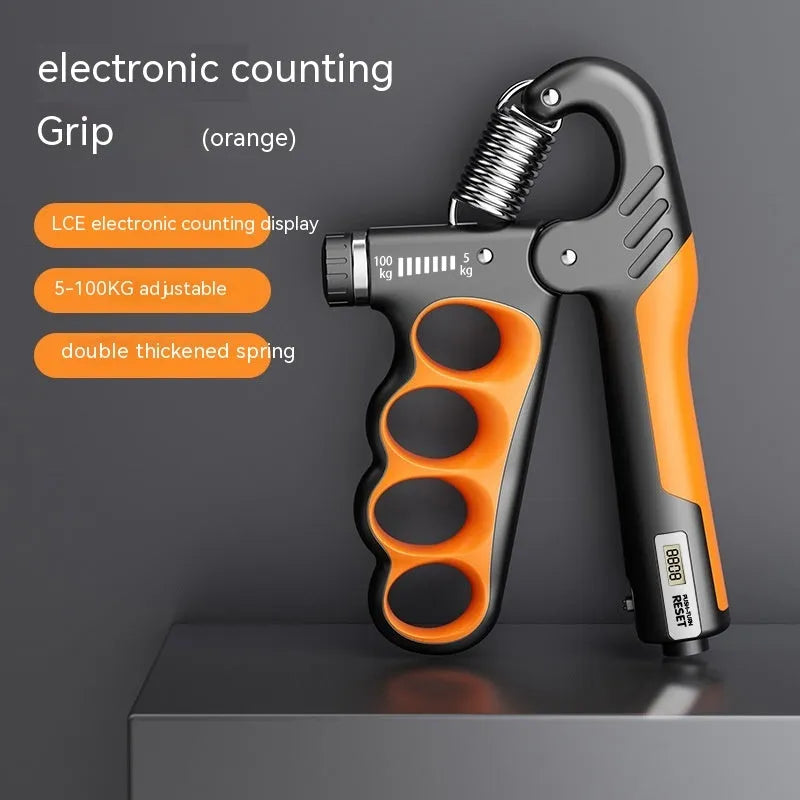 Adjustable electronic count spring grip hand exerciser with a digital counter display.