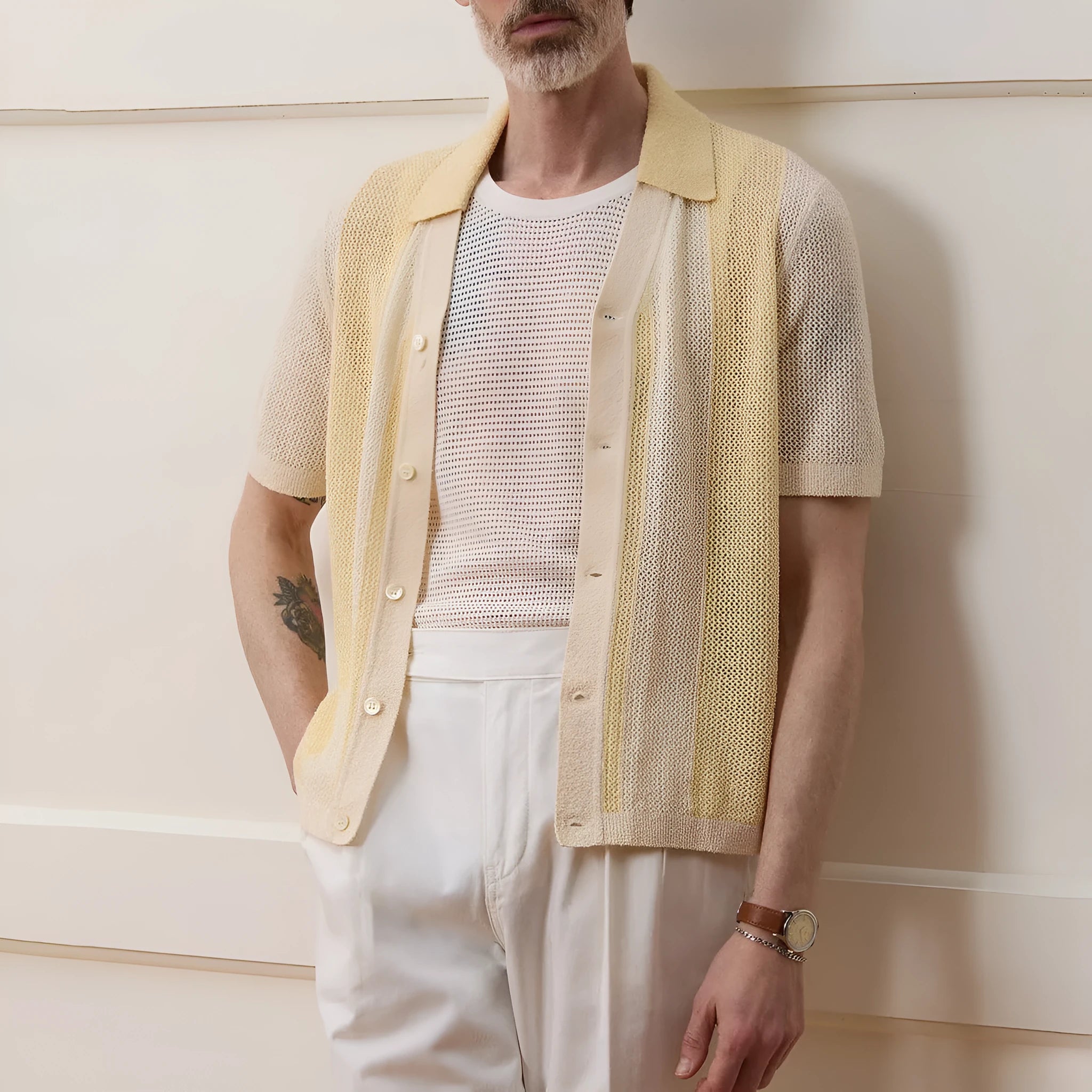 Yellow casual polo shirt with hollow-out design and asymmetric hem, short sleeves, Tencel fabric