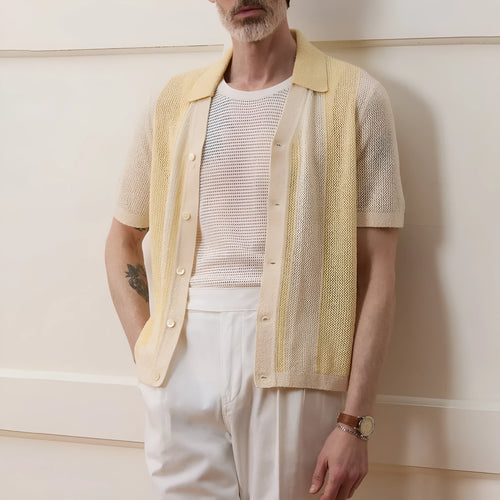 Yellow casual polo shirt with hollow-out design and asymmetric hem, short sleeves, Tencel fabric