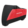 Motorcycle rain cover for electric vehicles in black with red accents showing anti-theft features