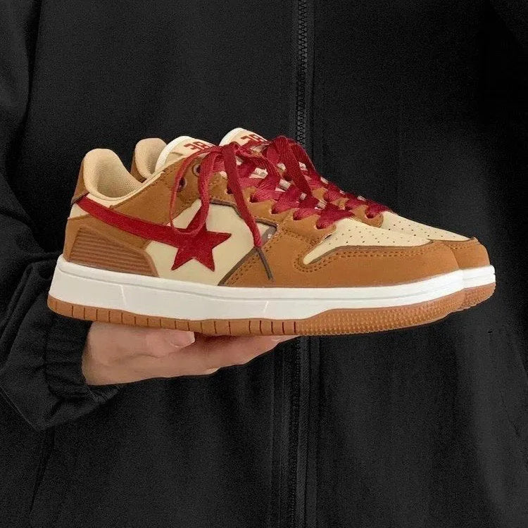 Brown women's platform sneakers with Pu leather upper, sequin details, and a lace-up front on a rubber sole.