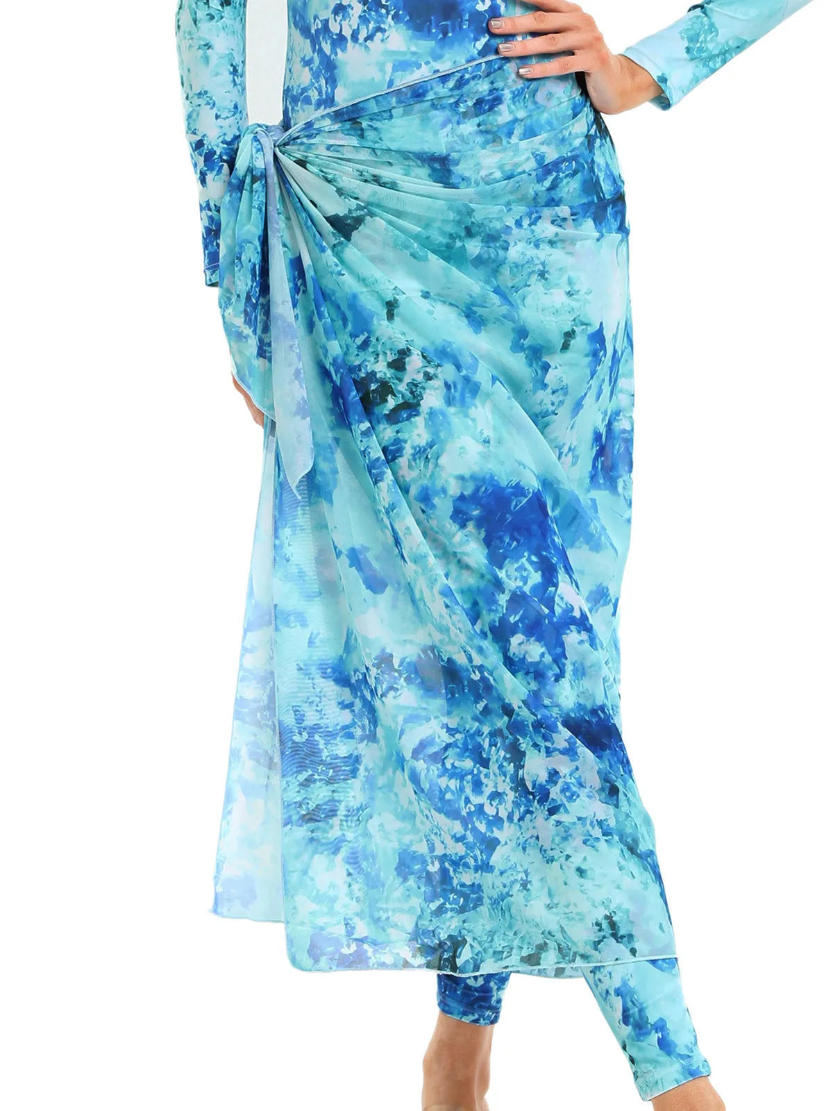 Conservative Muslim swimsuit three-piece set with apron in Sapphire, Letter, or Foam colour.