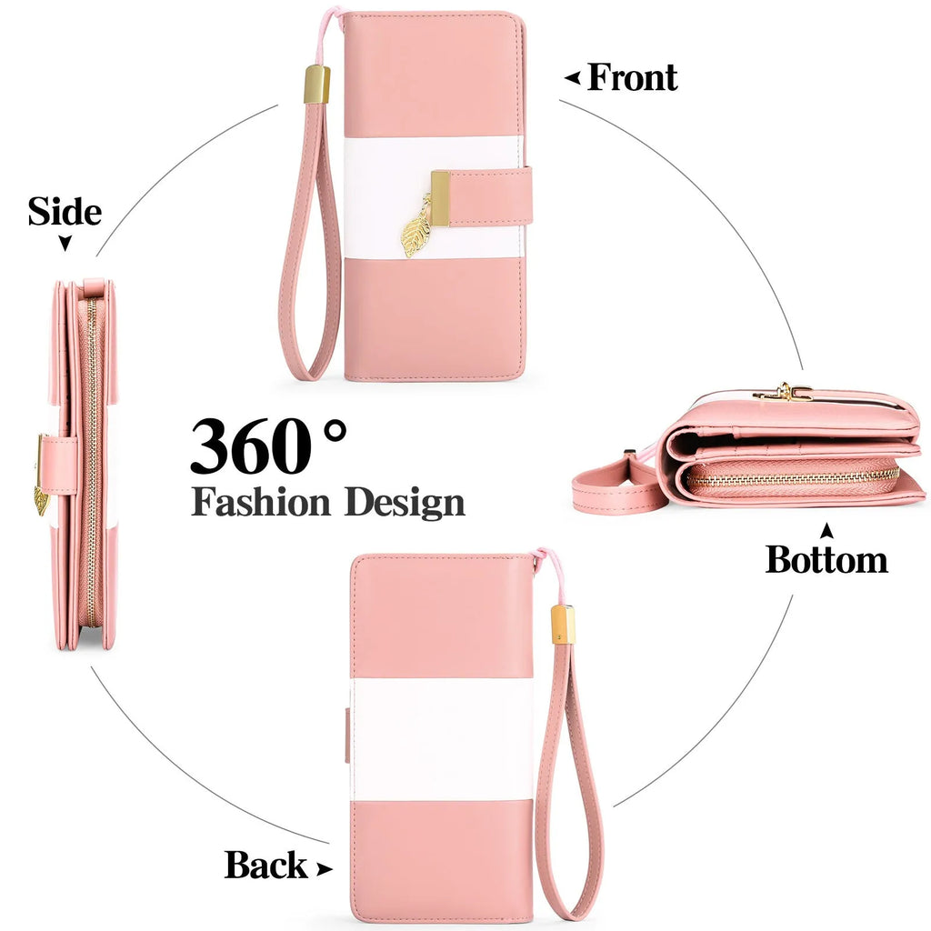 Anti-theft large capacity PU leather handbag wallet with lock, shown in multiple colours including black, pink, and khaki.