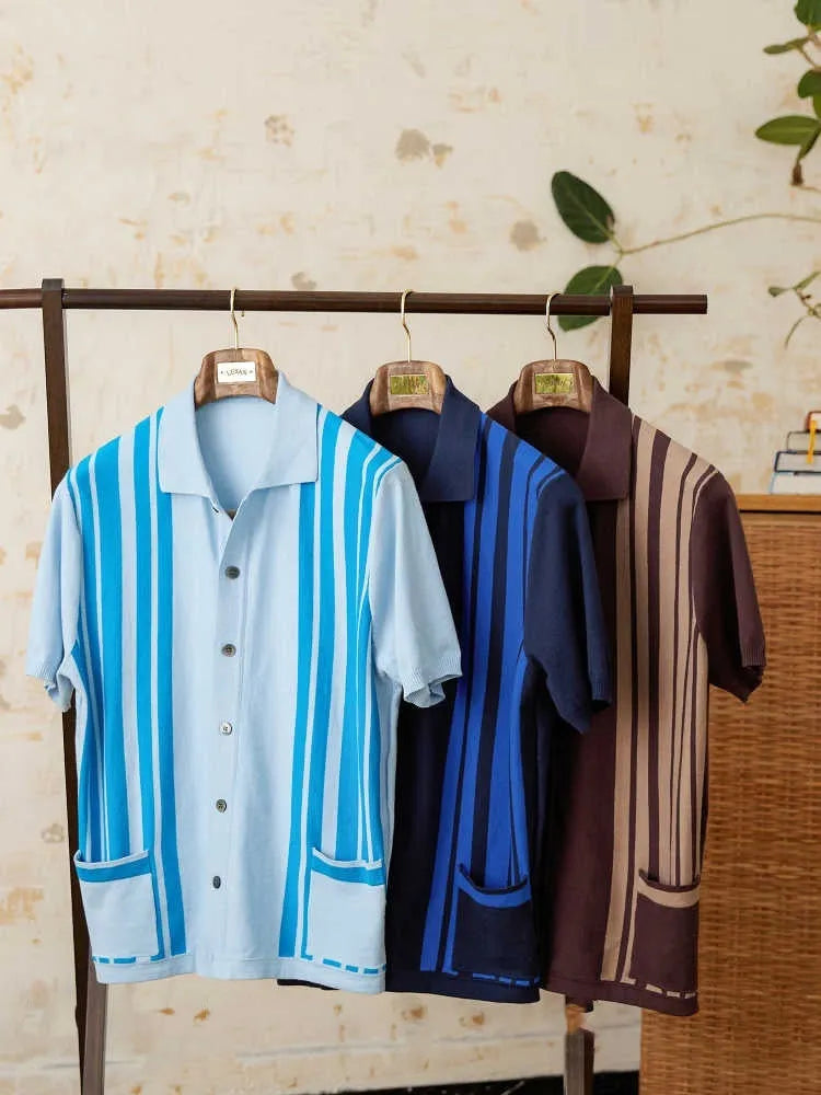 Striped knitted polo cardigan with lapel collar and short sleeves in cotton blend fabric