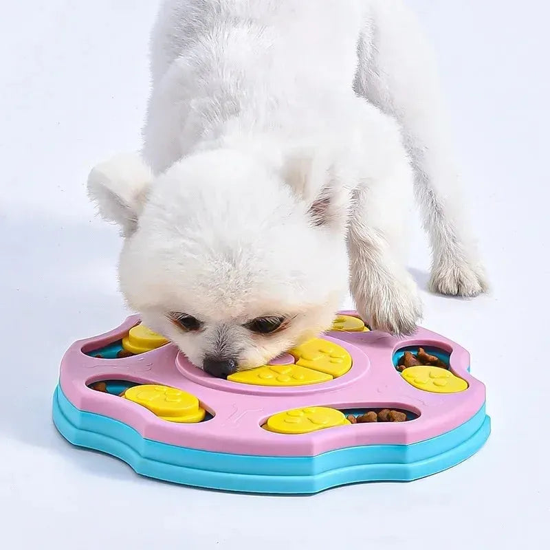 Blue and pink dog puzzle feeder toy for aggressive chewers with food bowl and interactive game design