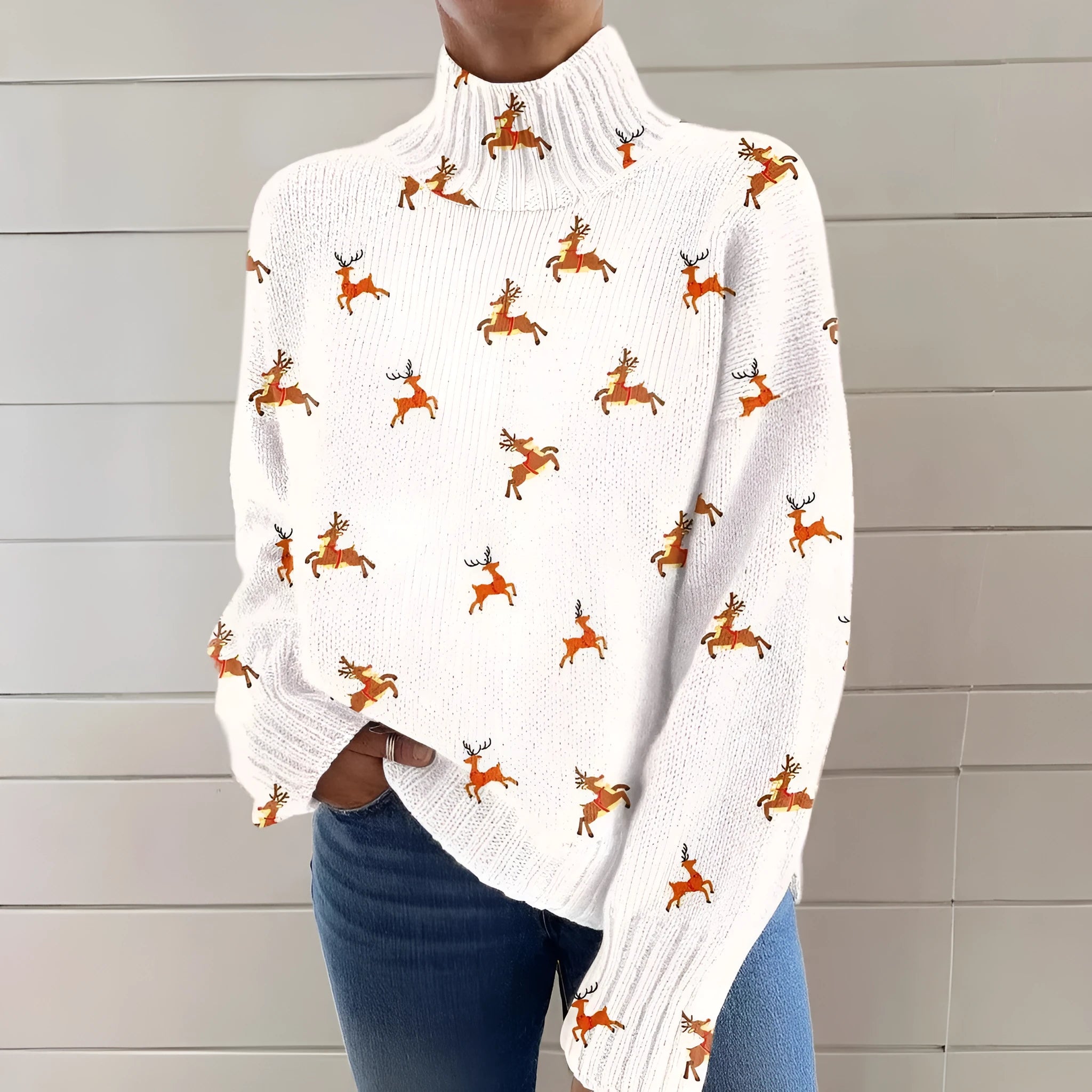 Women's Christmas printed turtleneck sweater with painting pattern in macaron colours, loose casual style