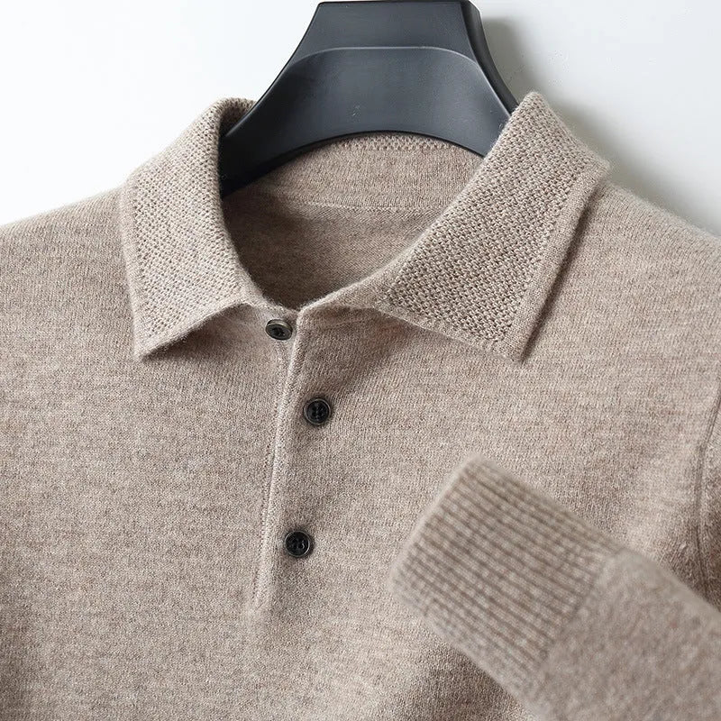 Men's grey wool blend pullover sweater with a polo collar and long sleeves laid flat