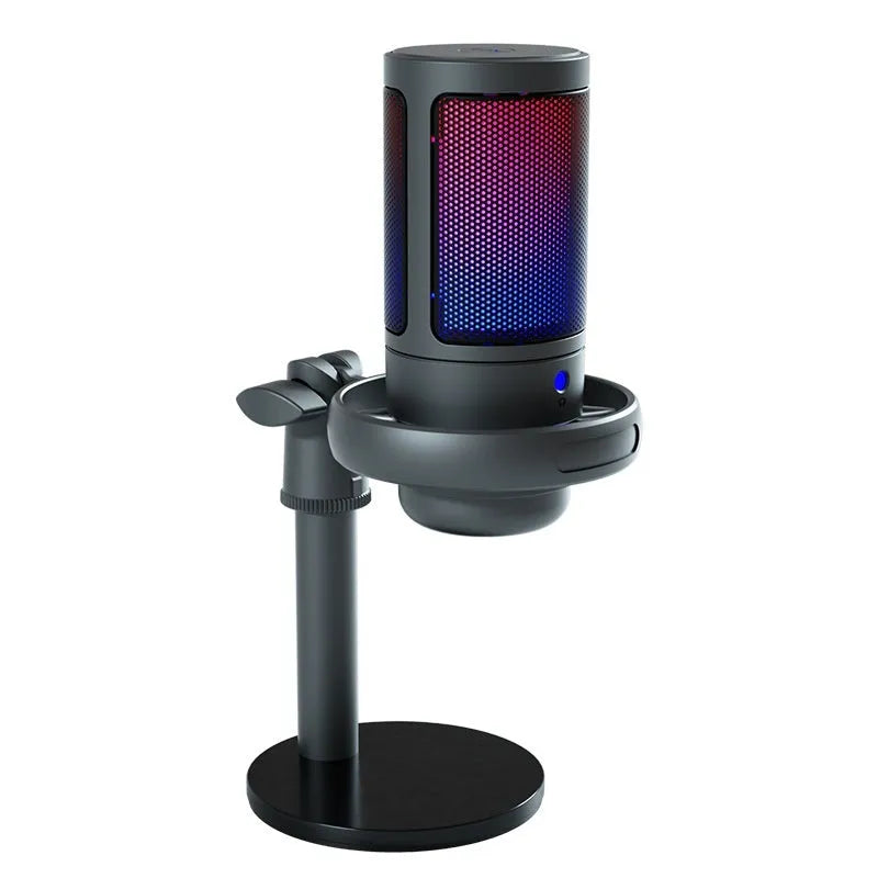 USB condenser microphone with RGB lighting in black, white or pink colours for live broadcast streaming