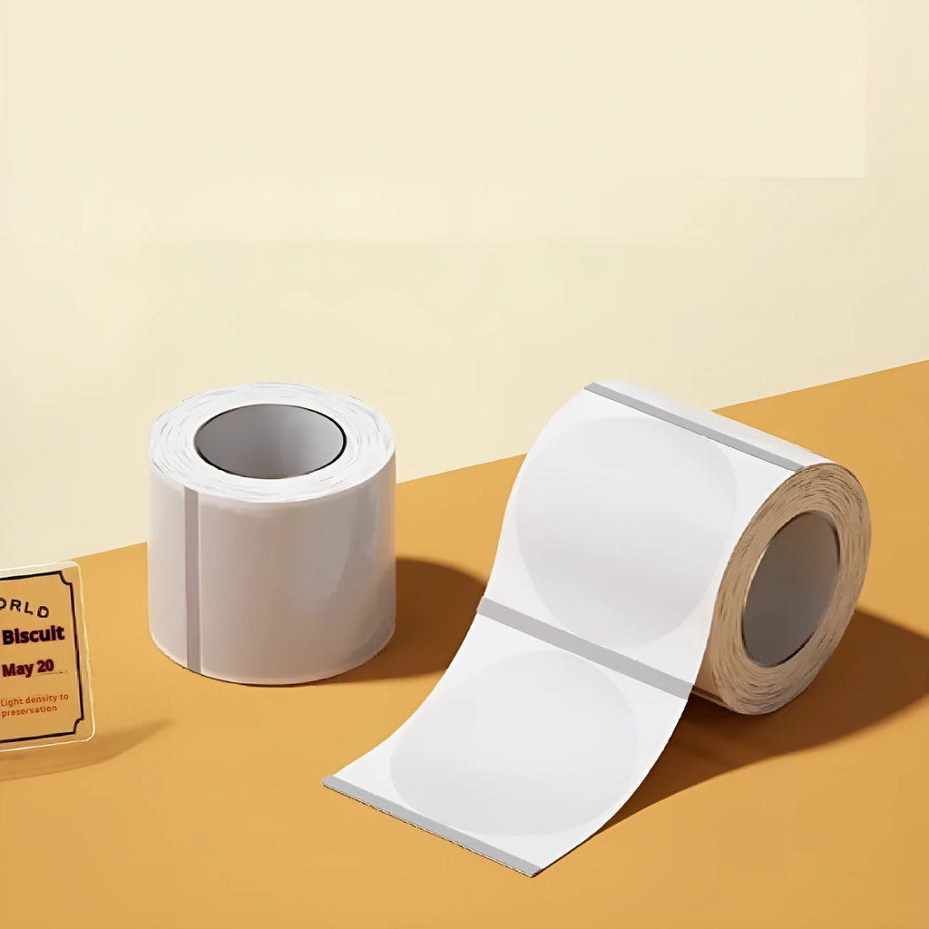 Pack of transparent waterproof adhesive label stickers showing rectangular and round sizes on a roll.