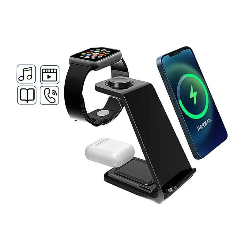 White 3-in-1 wireless charging stand with mobile phone holder upright position