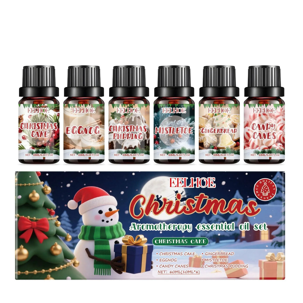 Six bottles of Christmas aromatherapy oil set with 60ml volume for festive home scenting.