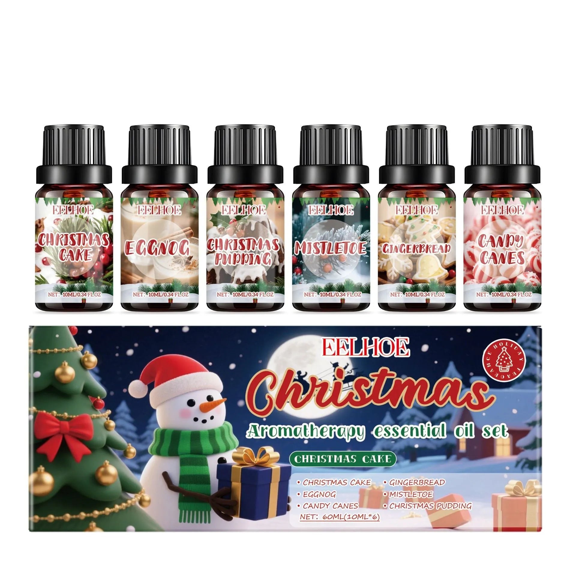 Six bottles of Christmas aromatherapy oil set with 60ml volume for festive home scenting.