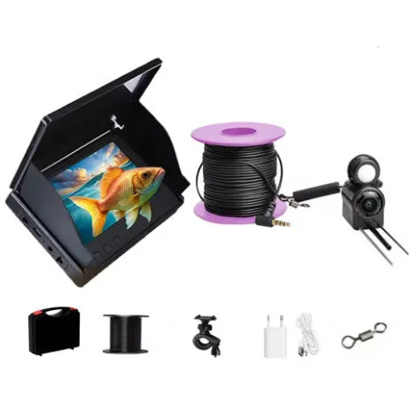 Fish finder underwater camera with 4.3-inch screen, night vision lights, and long cable on a fishing boat.