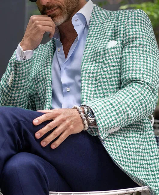 Men's slim fit British style suit jacket with two-button front and top stitching pockets