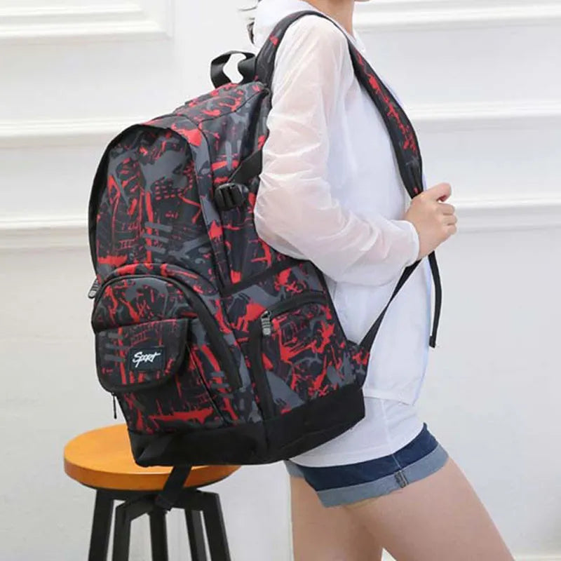 Classic blue nylon backpack with large capacity for travel and school use