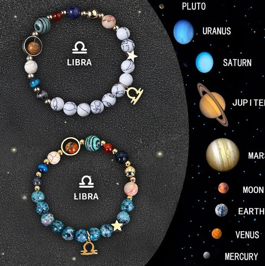 Set of twelve natural stone beaded bracelets for each zodiac sign arranged together.
