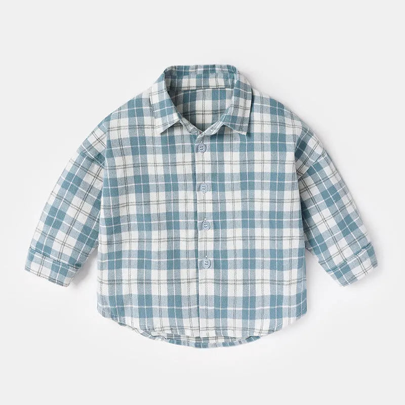 Boys' cotton lattice shirt with animal pattern in light blue colour, long sleeves
