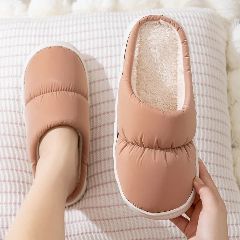 Blue plush indoor slippers with thick rubber sole and artificial fur lining