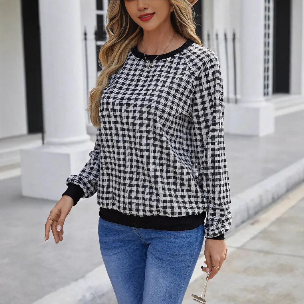 Black Japanese plaid pattern pullover sweater with long sleeves and stripe detailing