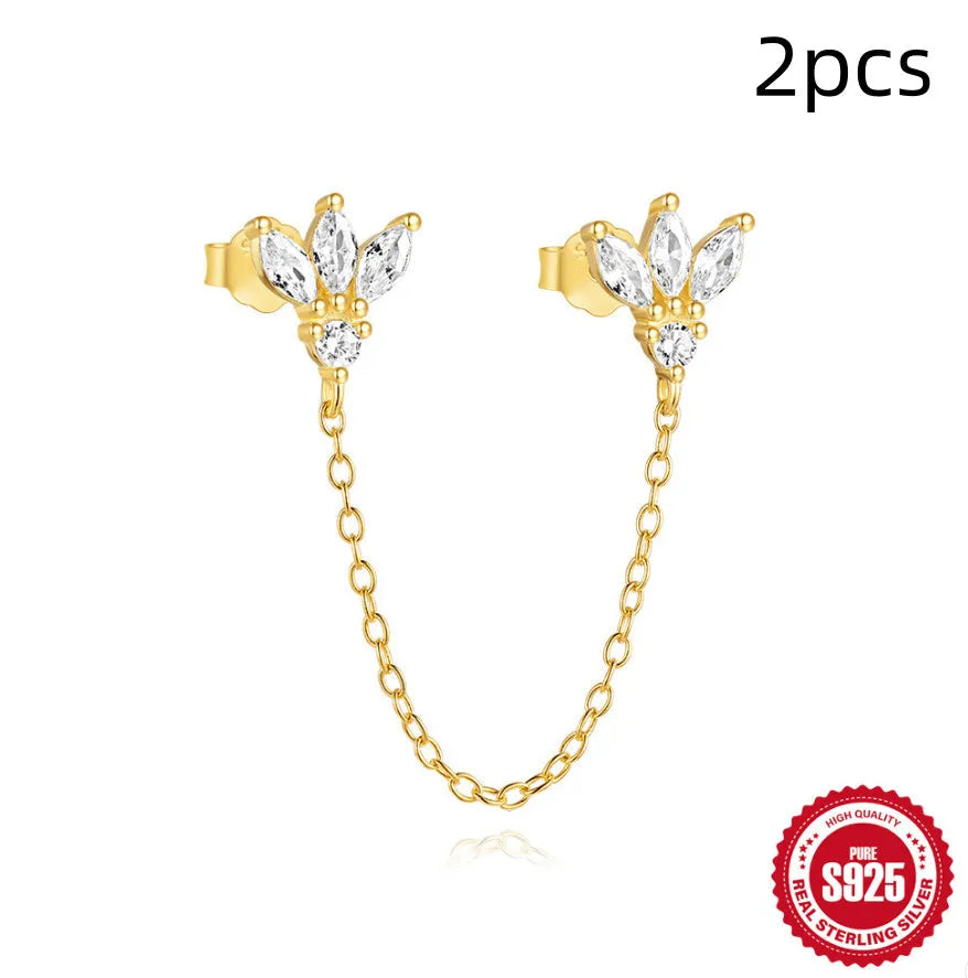 S925 sterling silver geometric chain stud earrings with inlaid zircon for double piercings in golden colour.