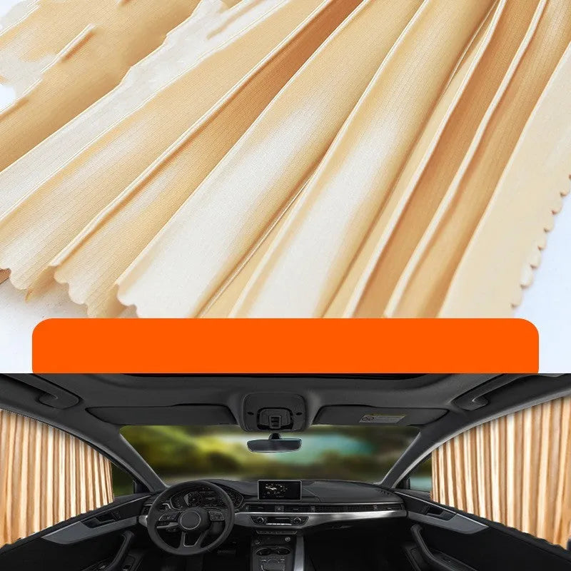 Retractable car sun curtain in thick opaque cloth with roller shutter mechanism