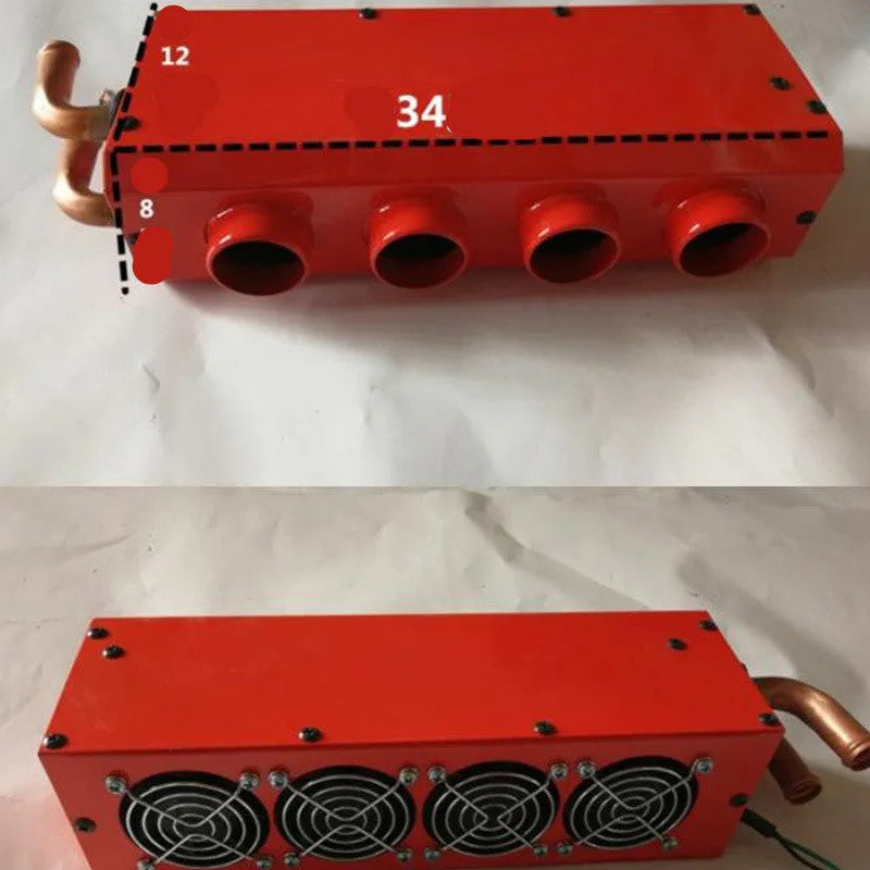 Metal car heater unit with copper pipe radiator for 12V and 24V vehicle installation.