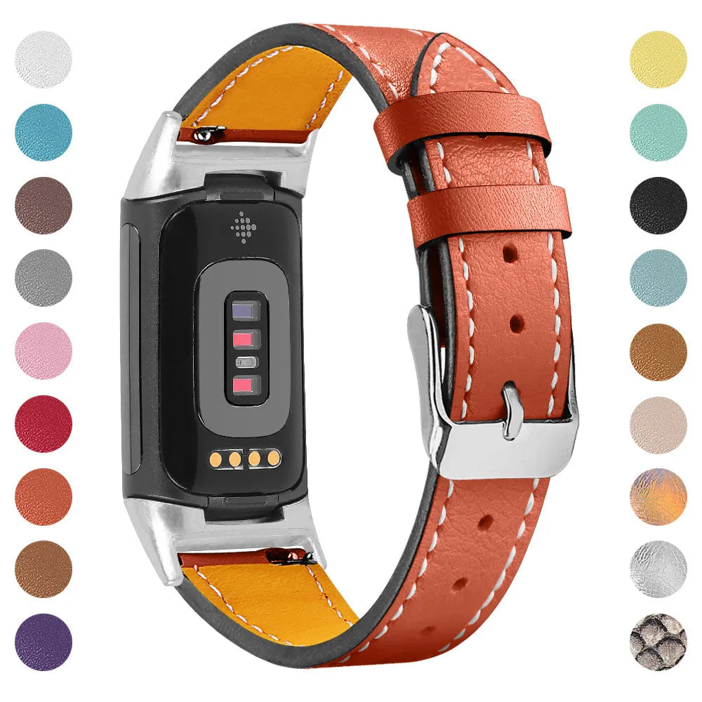 Genuine leather strap for Fitbit Charge 5 and Charge 6 smartwatches in assorted colours.