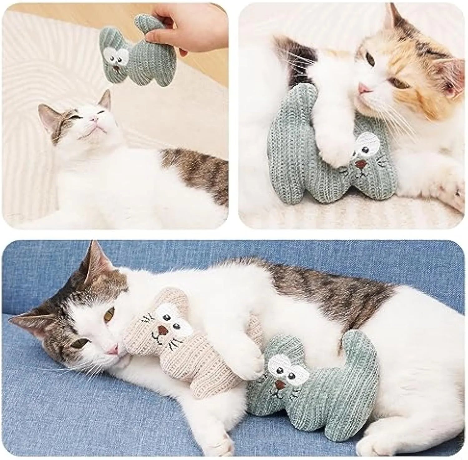 Cyan plush cat chew toy with rope ends, containing catnip and a bell.