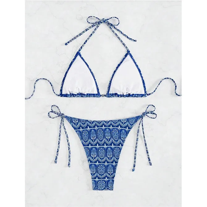Women's split bandage bikini swimsuit with printed stitching details in various colours