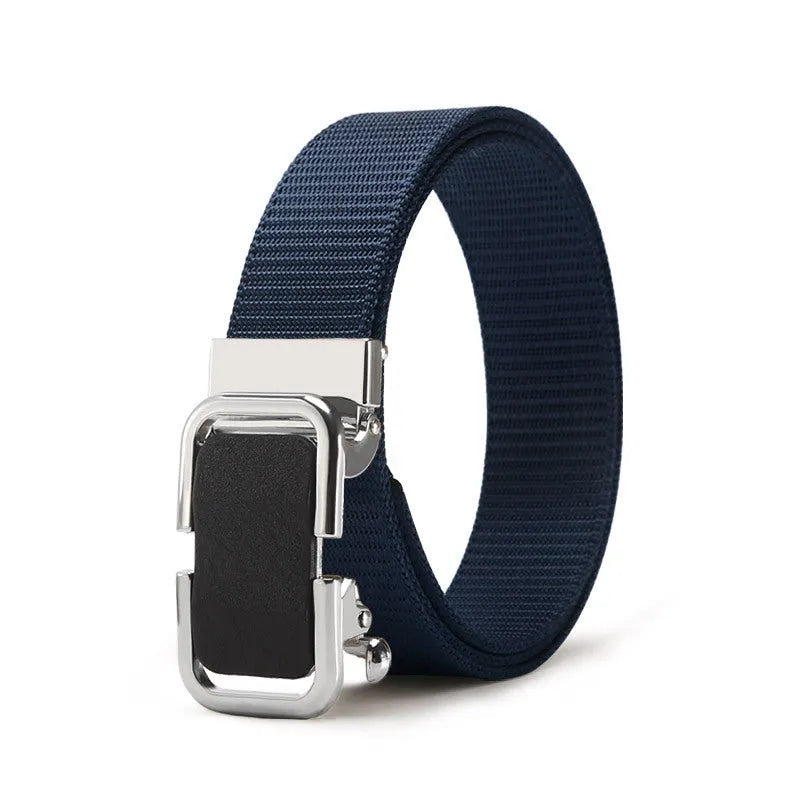 Men's nylon canvas belt with a silver toothless alloy buckle on a grey strap.