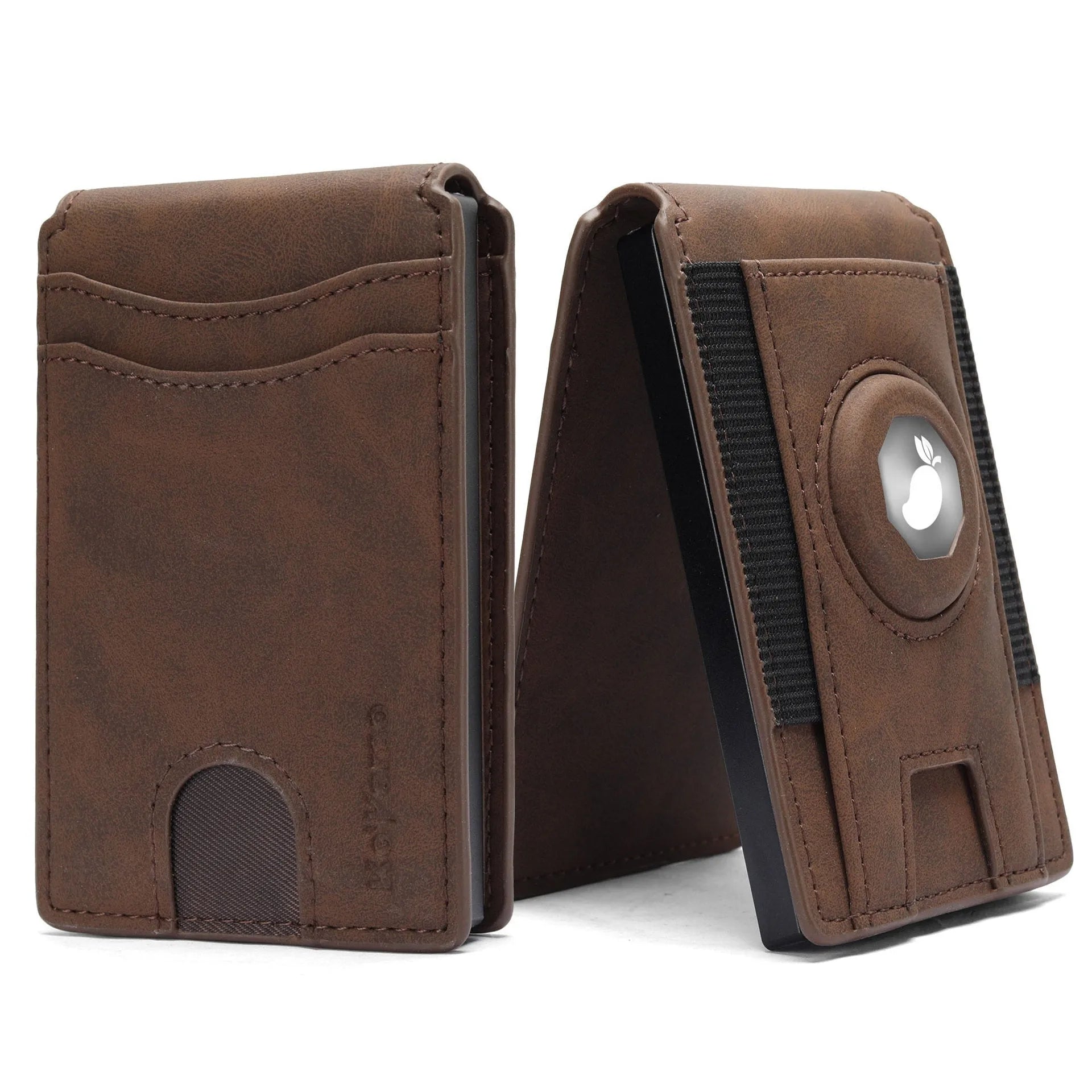 Men's slim RFID blocking card holder in synthetic leather showing black, dark brown, and light brown colour options