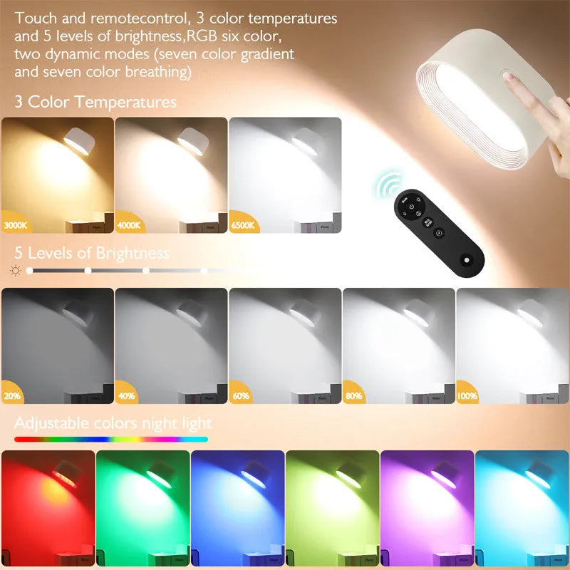 White remote touch magnetic wall lamp with oval light showing 360-degree rotation and magnetic mount