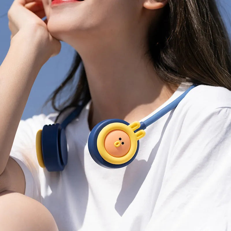 Blue hanging neck fan with leafless design folded for storage showing USB charging port