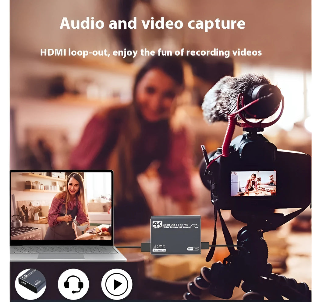 Black 4K gaming set-top box with MS2131 chip for audio recording and 1080p media playback.